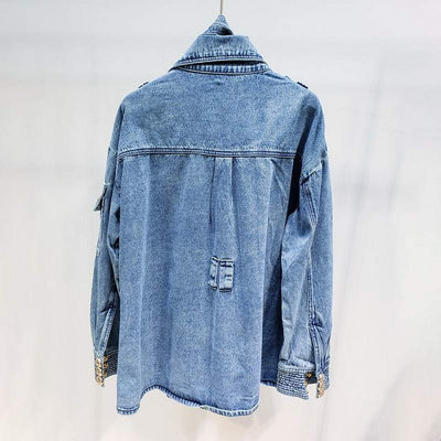 Golden Button Turtleneck Thick Denim Jacket