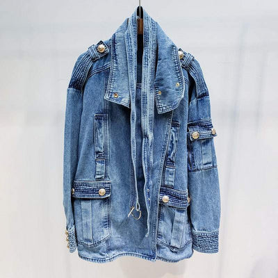 Golden Button Turtleneck Thick Denim Jacket