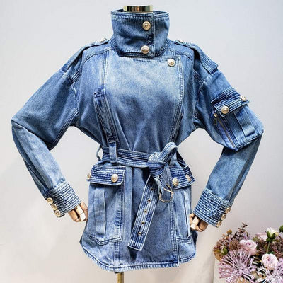 Golden Button Turtleneck Thick Denim Jacket