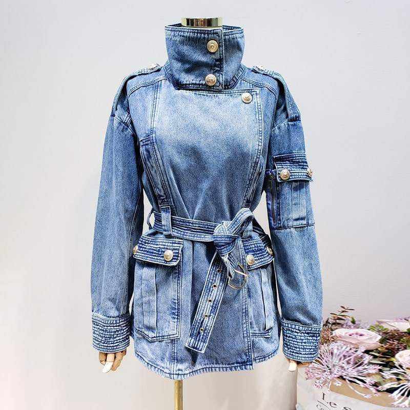 Golden Button Turtleneck Thick Denim Jacket