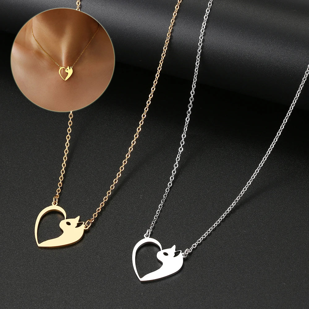 Women's Fashion Jewelry Stainless Steel Necklaces Heart Cat Hollow Pendant Choker Clavicle Chain Charm Fashion Necklaces For Women Jewelry Girls Gifts