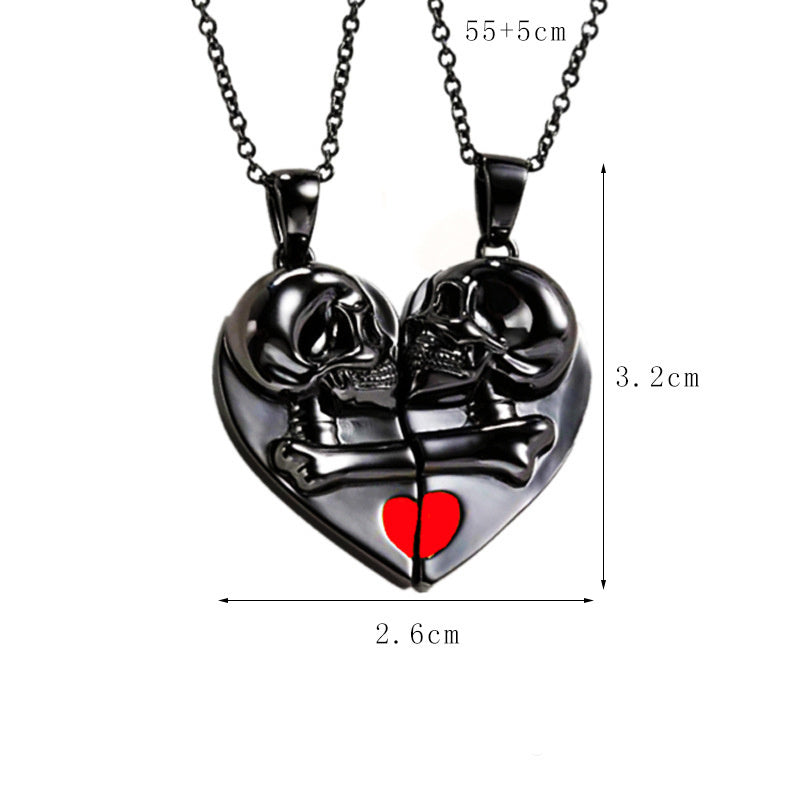 Punk Retro Skull Pendant Halloween Necklace Heart-shaped Magnetic Stitching Love Skull Couple Necklace