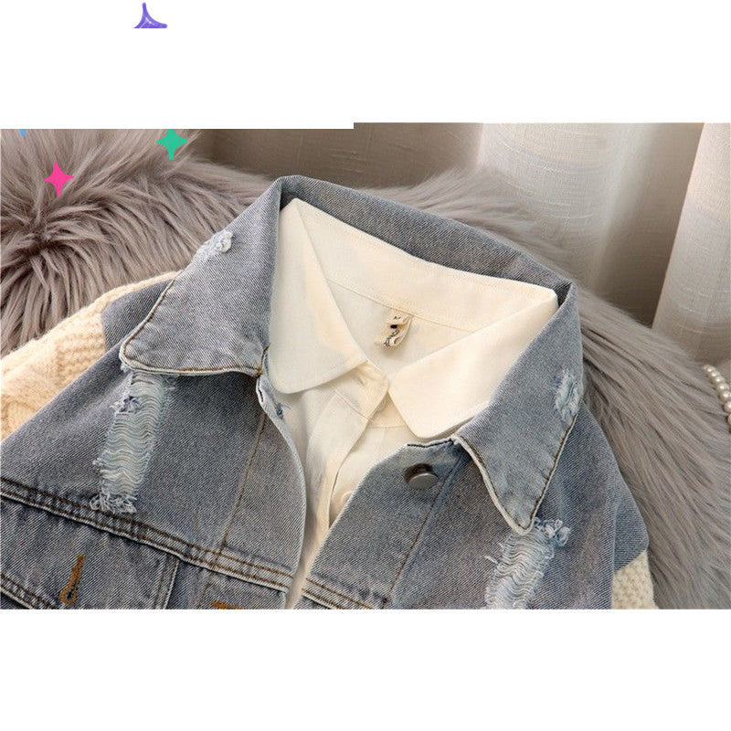 Large Size Women's Loose Denim Jacket Thickened Sweater Knitted Cardigan