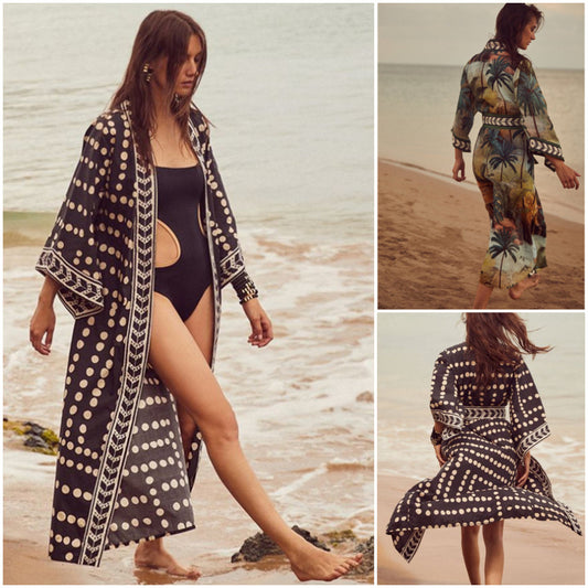 Beach Cardigan Long Sleeve Sun Protection Lace-up Printing Long Beach Wear Dress Leisure Fashion Loose Sexy Bikini Cover Up