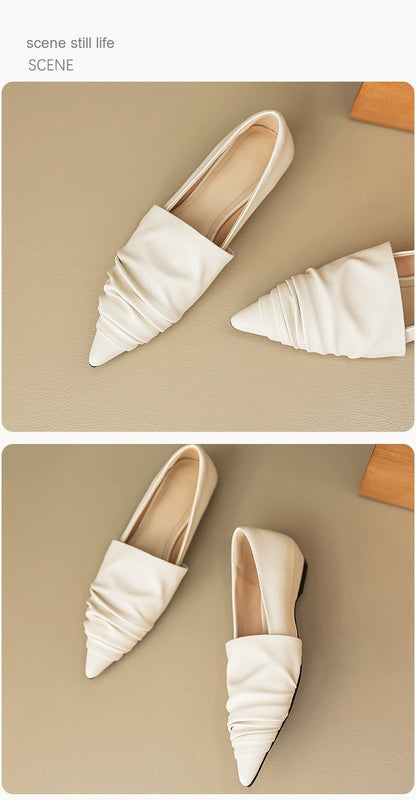 Pointed-toe Low Heel Flat Shoes Black Creamy-white