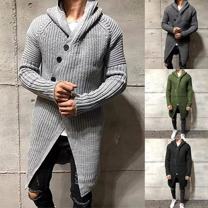 Long Knitted Hooded Sweater Coat Men Solid Color Button Casual Clothes