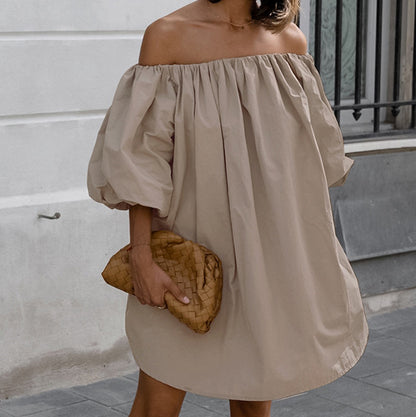 Off-the-shoulder Off-neck Puff Sleeve Pullover Dress