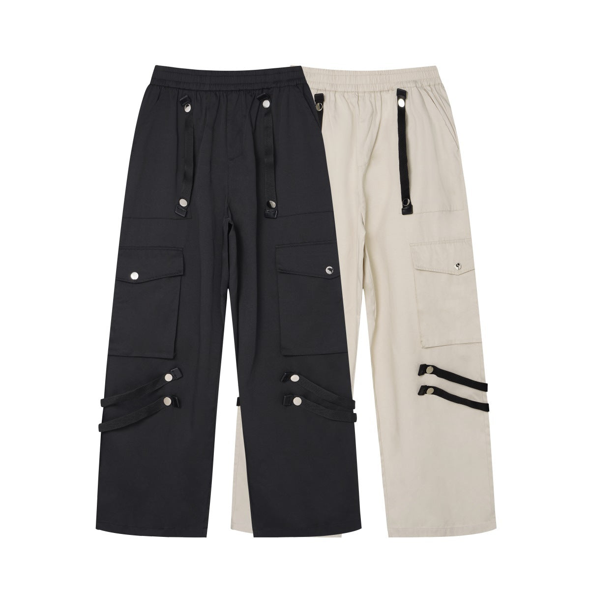 Metal Snap Fastener Detachable Webbing Multi-pocket Wide Leg Straight Overalls