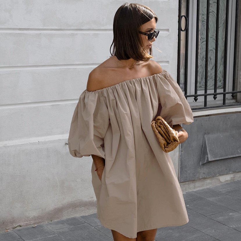 Off-the-shoulder Off-neck Puff Sleeve Pullover Dress