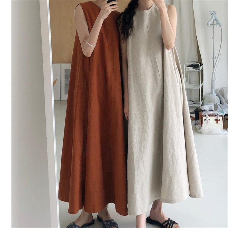 Chic Style Loose Sleeveless Pumpkin Color Long Cotton And Linen Dress