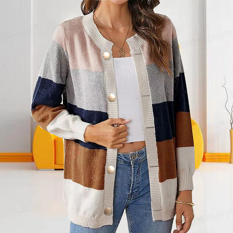 Women's Color Matching Temperament Crew Neck Loose Sweater Coat