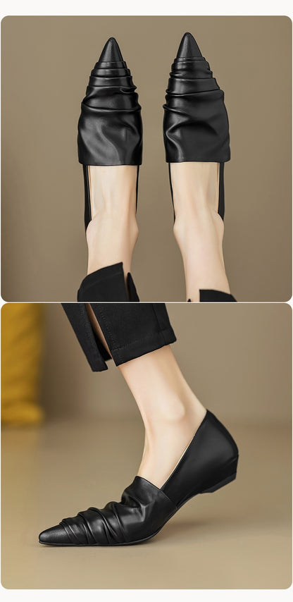 Pointed-toe Low Heel Flat Shoes Black Creamy-white