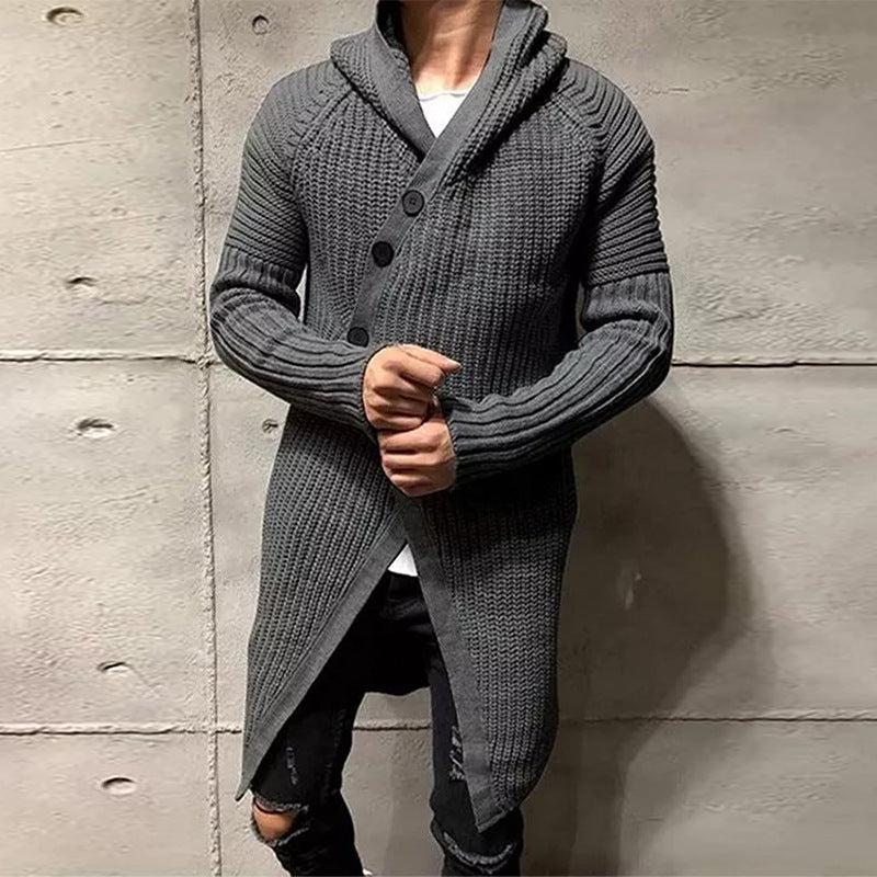 Long Knitted Hooded Sweater Coat Men Solid Color Button Casual Clothes