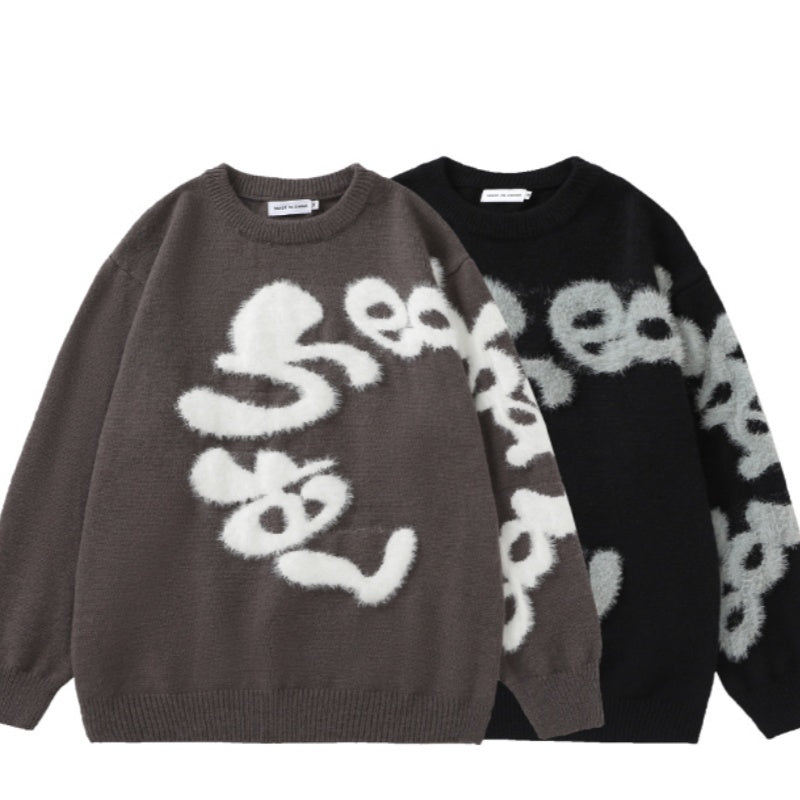 Plush Letter Crew Neck Sweater BF Men And Women Loose All-matching Sweater