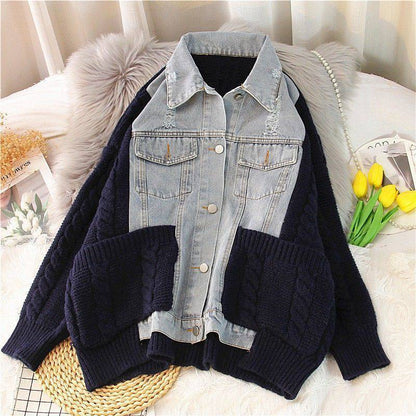 Large Size Women's Loose Denim Jacket Thickened Sweater Knitted Cardigan